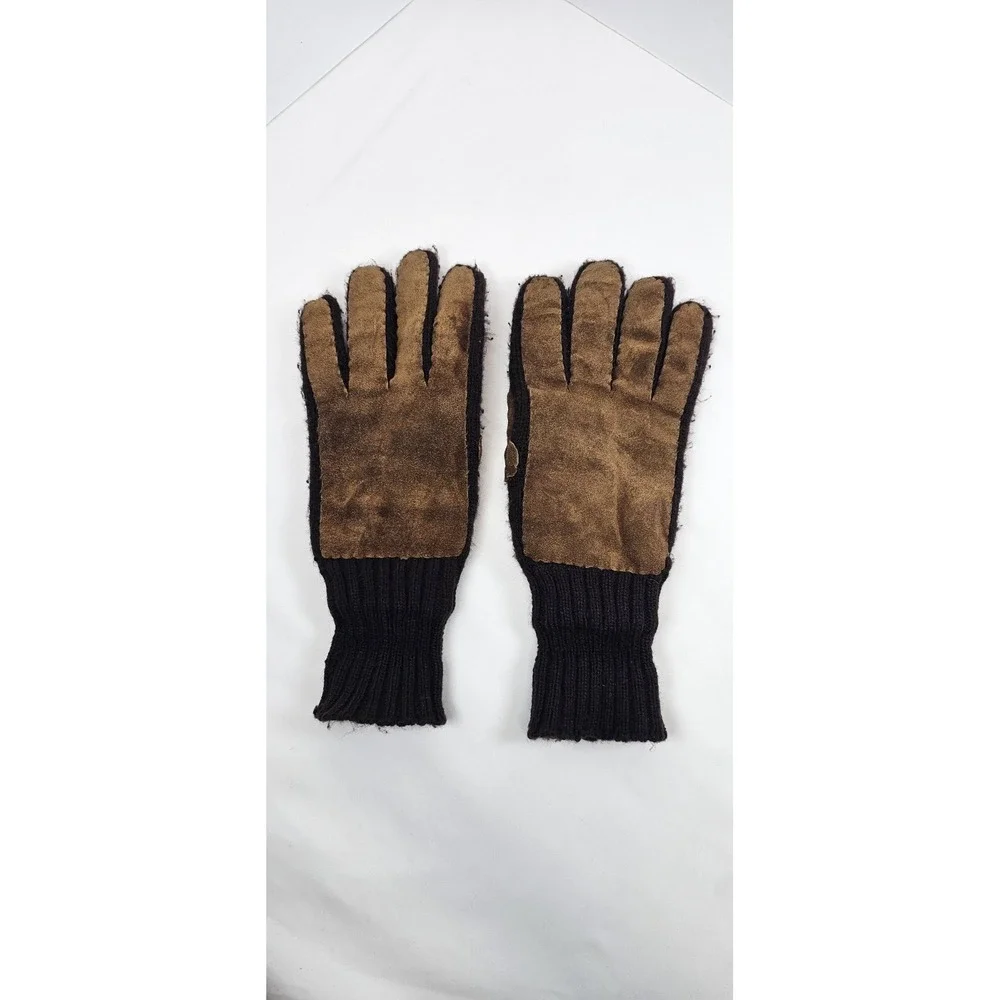Vintage Suede Grip Knit Gloves Brown Black Winter Workwear One Size‎ Stretch